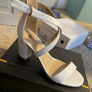 White strappy chunky heels